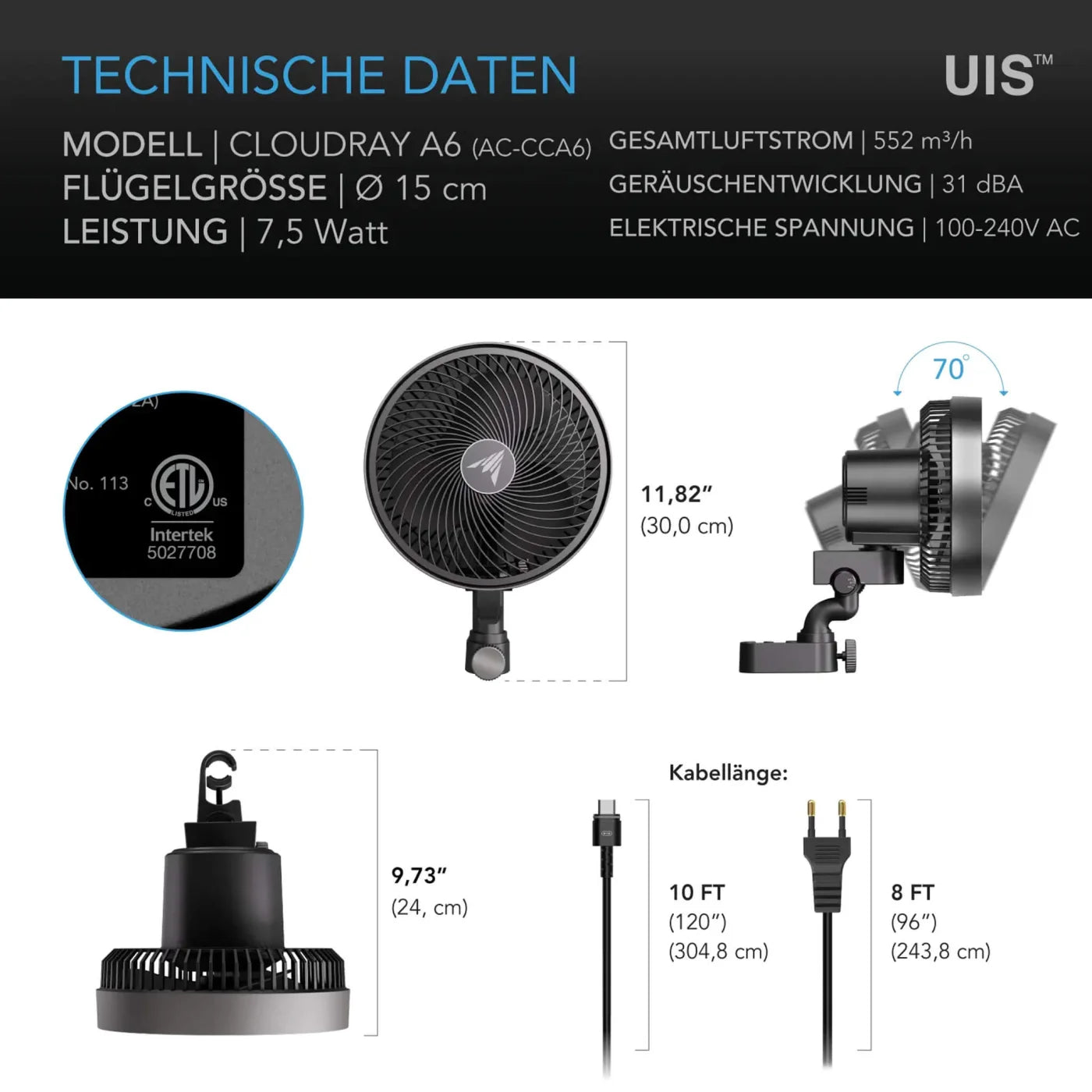 AC Infinity CLOUDRAY A6, Clip-Ventilator mit EC-Motor, manuell schwenkbar